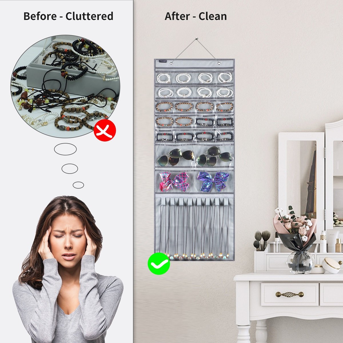Over The Door Hanging Jewelry Organizer Wall Mounted Earring Holder for Necklace Bracelet Ring