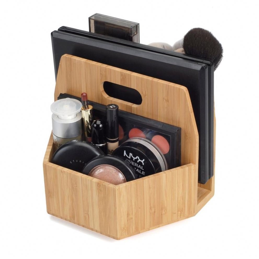 Bamboo Wood Makeup Organizer Rotating Caddy Stand Tray, Cosmetics Storage, Palette Holder, Brush Compartments, Tabletop Carousel