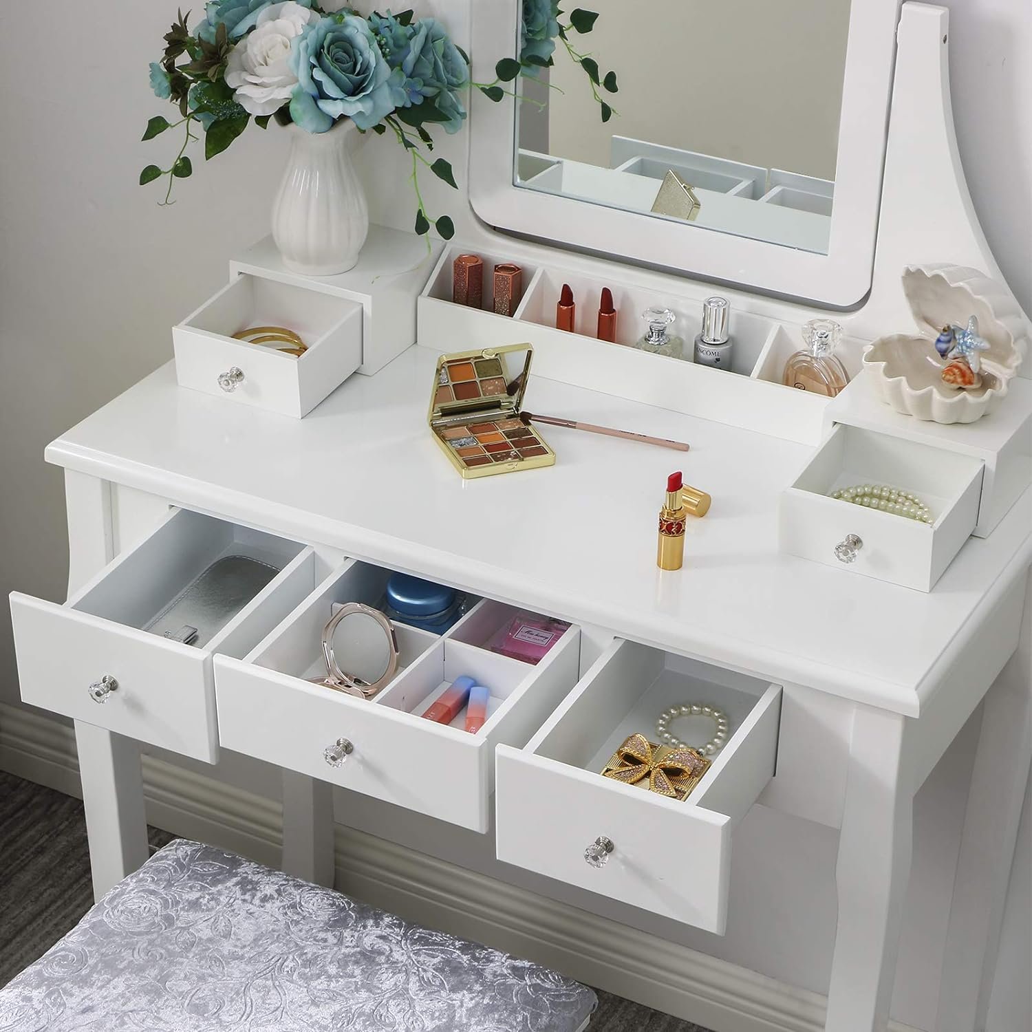 Dressing Table Vanity Makeup Table 5 Drawers 2 Dividers Movable Organizers