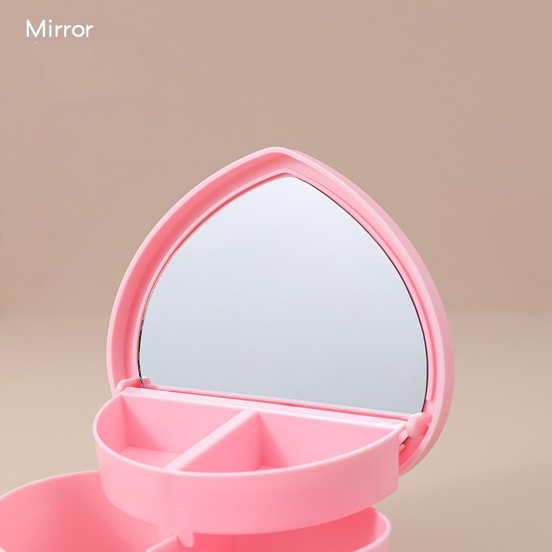Pink Girl Heart Shape Double-Deck Plastic Cosmetic Jewelry Storage Organizer Box with Heart Make Up Mirror Display Necklace Box