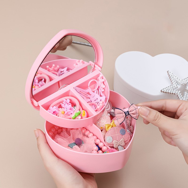Pink Girl Heart Shape Double-Deck Plastic Cosmetic Jewelry Storage Organizer Box with Heart Make Up Mirror Display Necklace Box