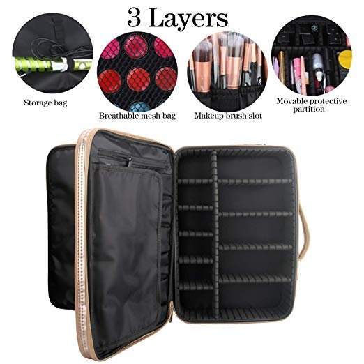 Rose Gold Makeup Bag Train Case Large Makeup Organizers for Cosmetics Jewelry Cosmetic Bag with Shoulder Strap