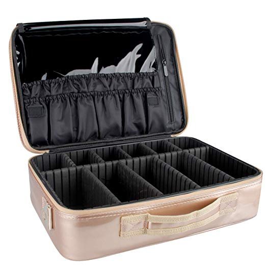 Rose Gold Makeup Bag Train Case Large Makeup Organizers for Cosmetics Jewelry Cosmetic Bag with Shoulder Strap