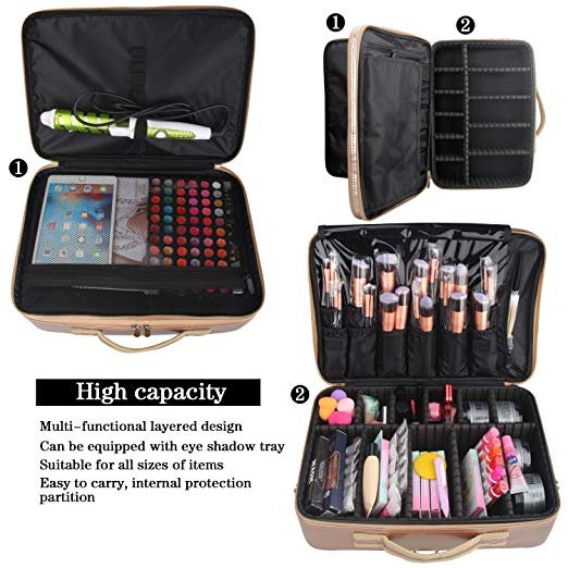 Rose Gold Makeup Bag Train Case Large Makeup Organizers for Cosmetics Jewelry Cosmetic Bag with Shoulder Strap
