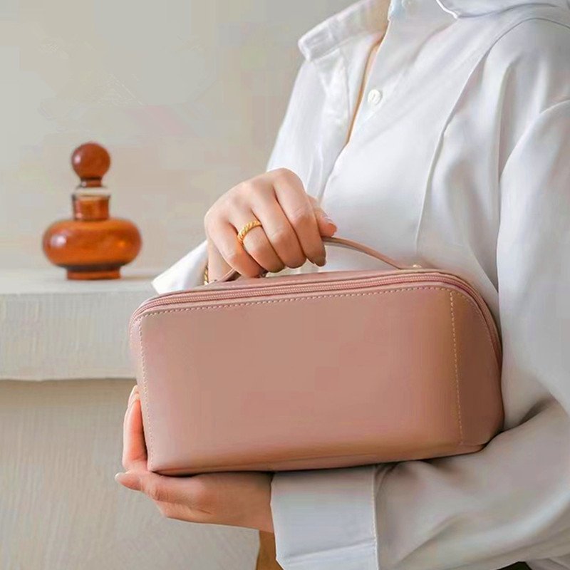 Travel Cosmetic Bag Multifunctional Open Flat Toiletry Bag with Handle Washable Beauty Zipper Makeup Organizer PU Leather Lady