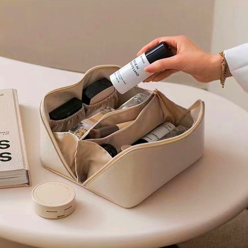 Travel Cosmetic Bag Multifunctional Open Flat Toiletry Bag with Handle Washable Beauty Zipper Makeup Organizer PU Leather Lady