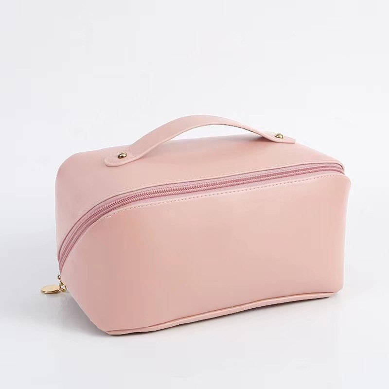 Travel Cosmetic Bag Multifunctional Open Flat Toiletry Bag with Handle Washable Beauty Zipper Makeup Organizer PU Leather Lady