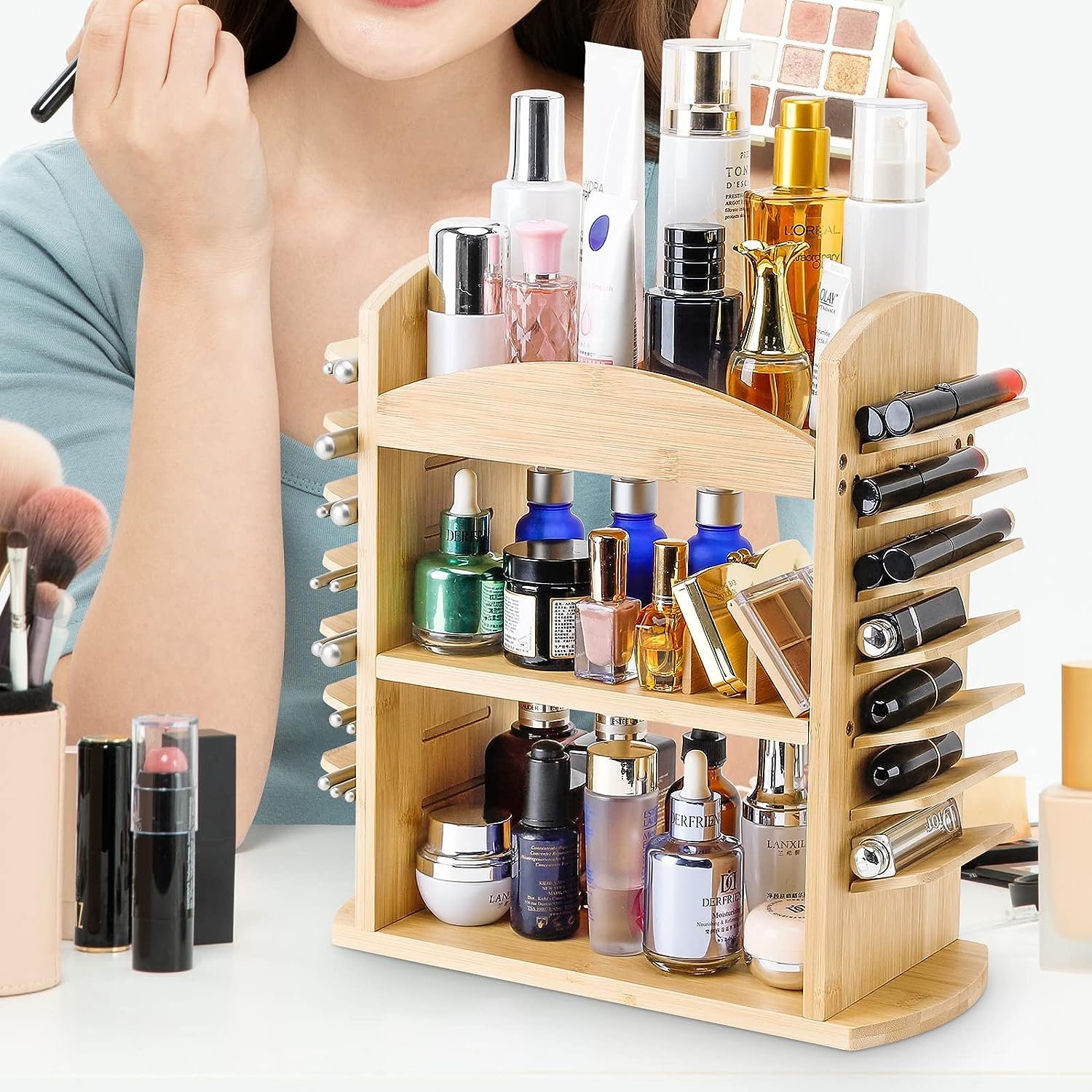 2024 Cosmetics storage box lipstick holder Makeup brush holder multi-functional Bamboo Makeup Organizer