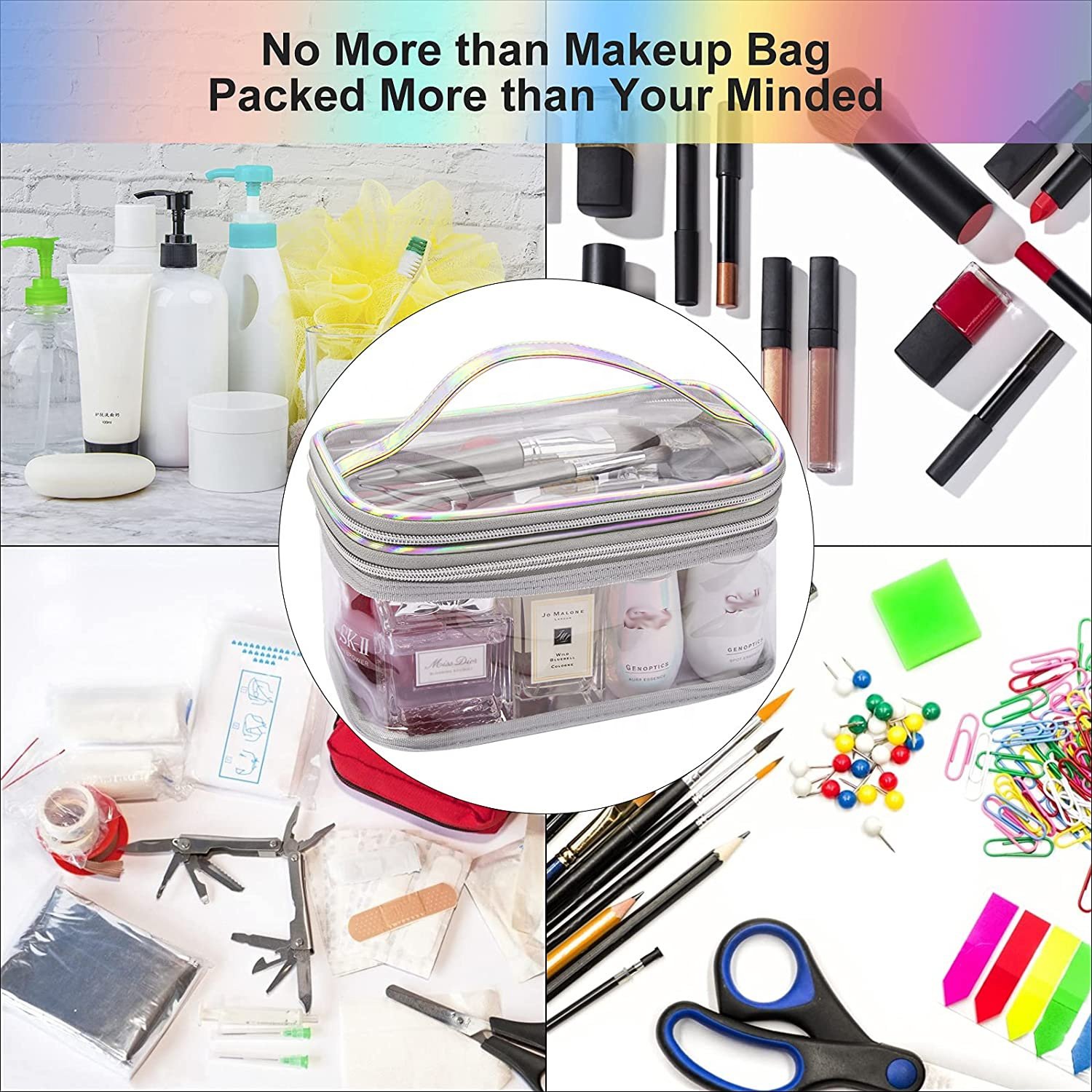 Travel Clear Makeup Toiletry Bag custom 2 Layer Portable Cosmetic Organize pvc holographic pouch For Girls and Women