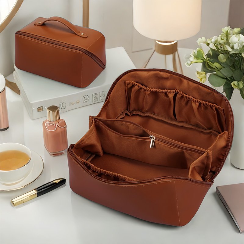 Elegant PU Cosmetic Pouch with Wide Open Top Travel Zipper Durable Water-Resistant Toiletry Bag for Lady Pu Pillow Bag