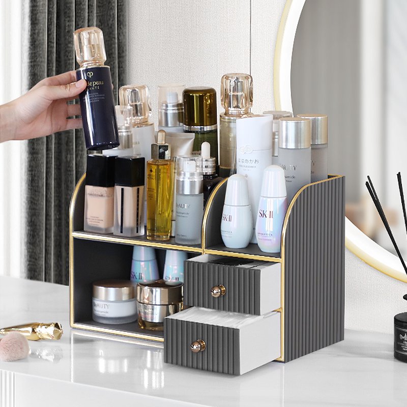 Desktop Makeup Organizer Stand with Double Compartment Drawer Storage PU Leather Multifunctional Cosmetic Storage Box