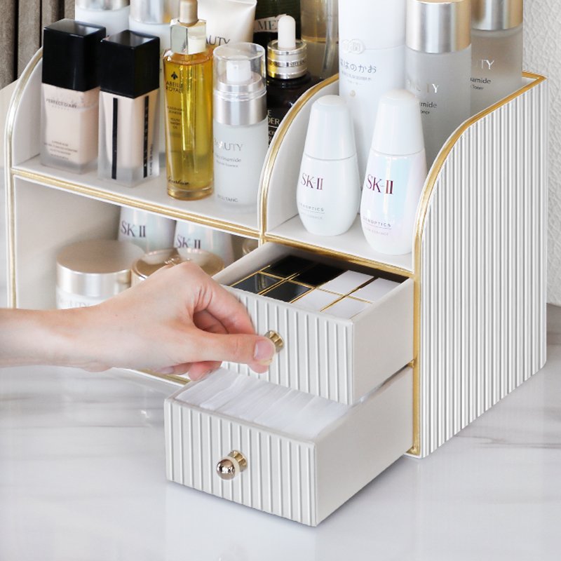 Desktop Makeup Organizer Stand with Double Compartment Drawer Storage PU Leather Multifunctional Cosmetic Storage Box