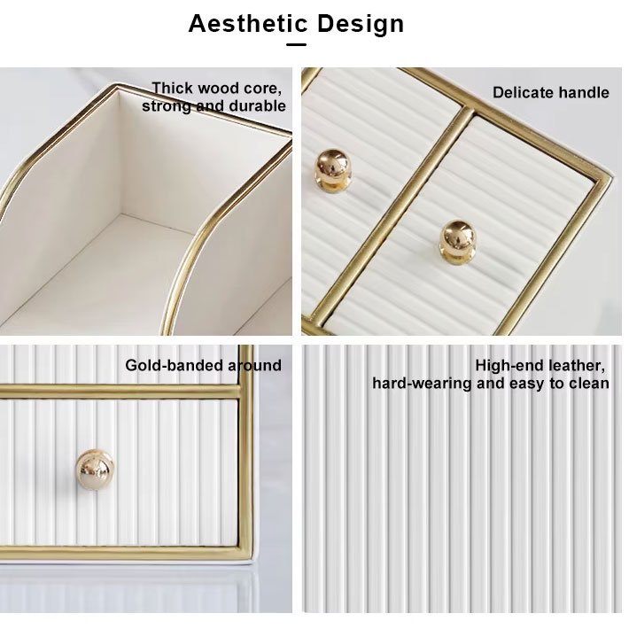 Desktop Makeup Organizer Stand with Double Compartment Drawer Storage PU Leather Multifunctional Cosmetic Storage Box