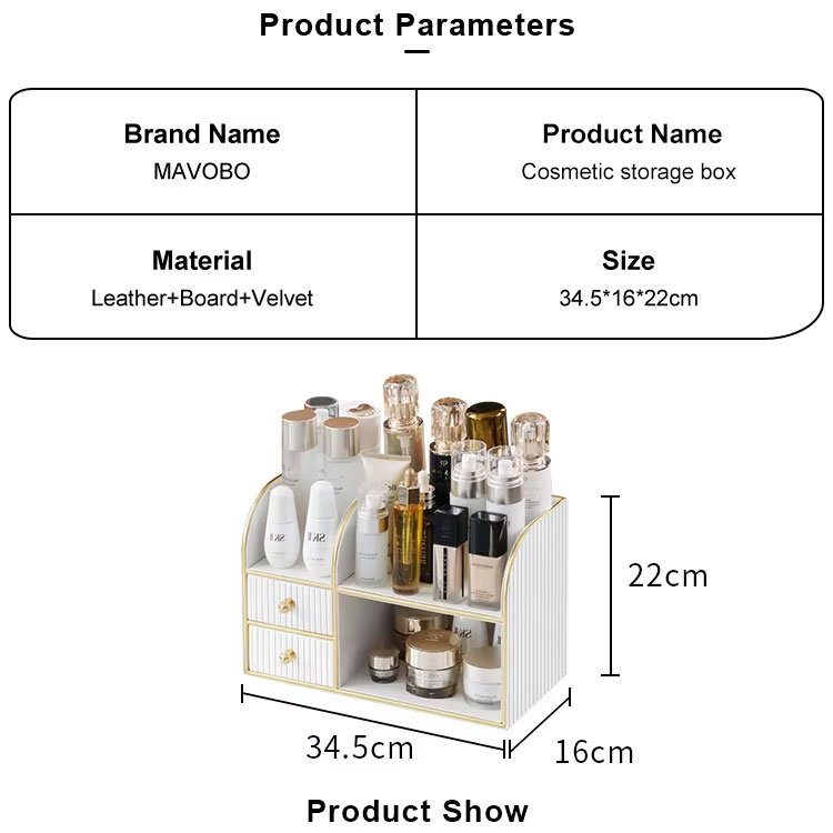 Desktop Makeup Organizer Stand with Double Compartment Drawer Storage PU Leather Multifunctional Cosmetic Storage Box