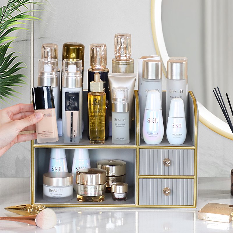 Desktop Makeup Organizer Stand with Double Compartment Drawer Storage PU Leather Multifunctional Cosmetic Storage Box