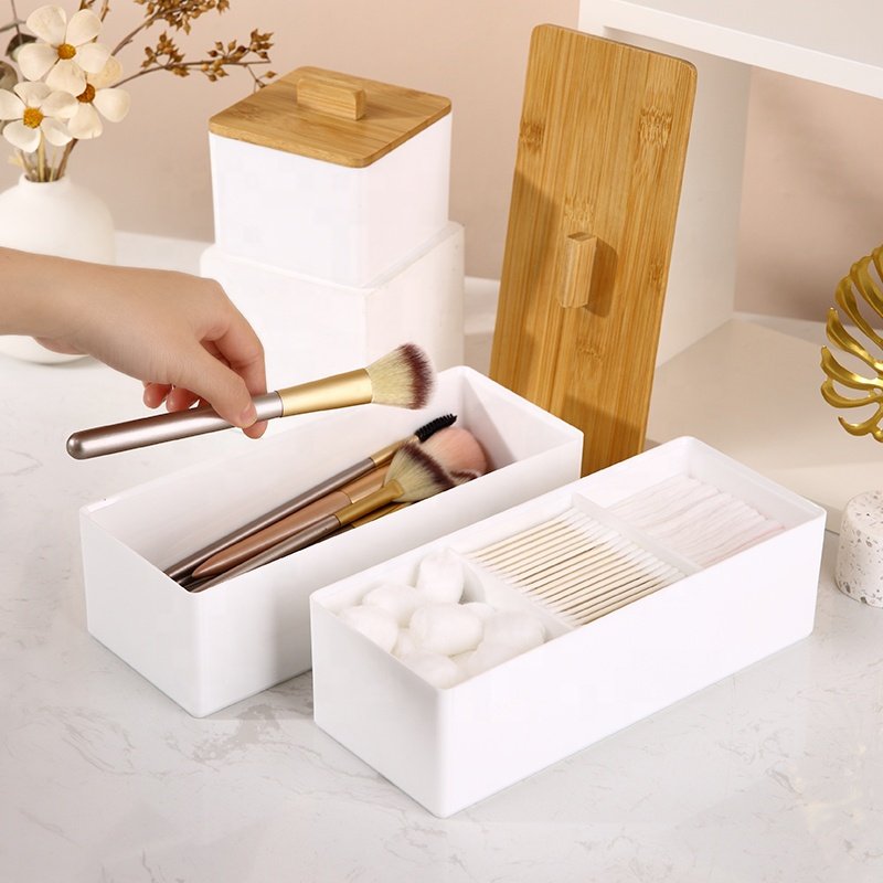 Elegant cosmetic case organizer powder brushes cotton swab canister white plastic makeup storage organizer with bamboo lid