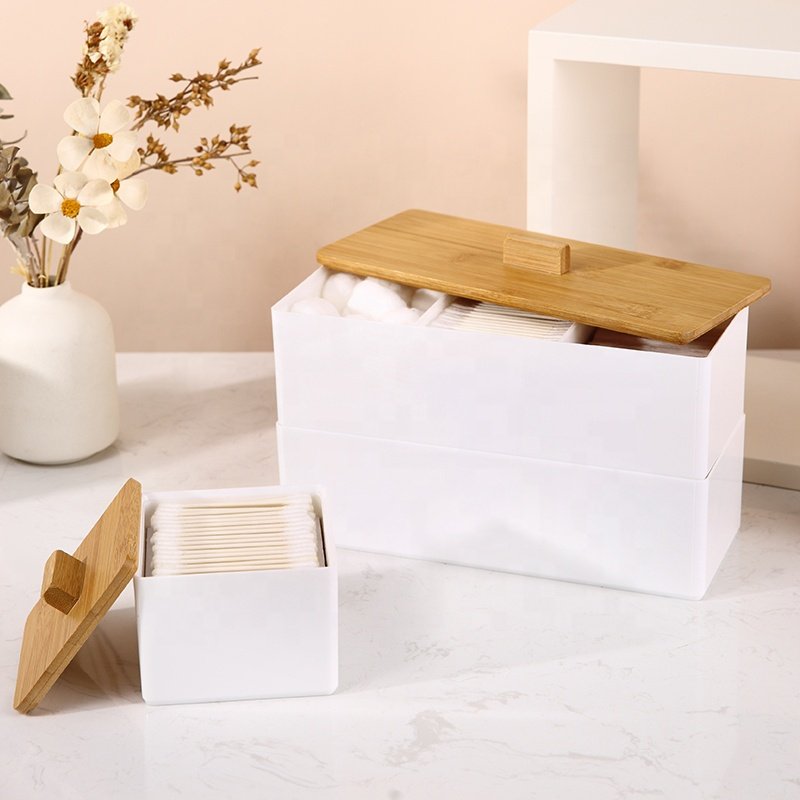 Elegant cosmetic case organizer powder brushes cotton swab canister white plastic makeup storage organizer with bamboo lid