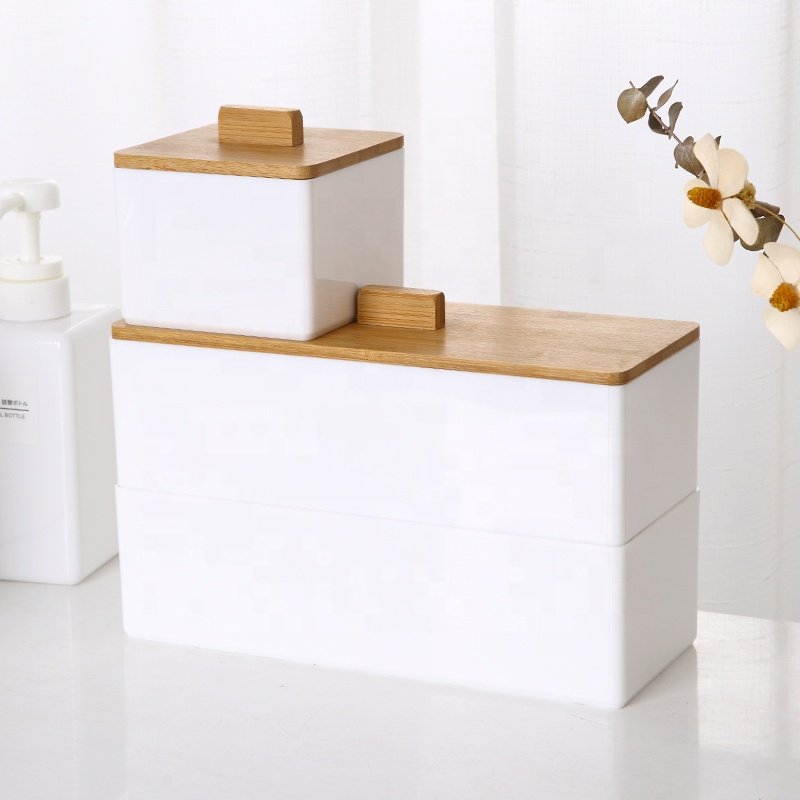Elegant cosmetic case organizer powder brushes cotton swab canister white plastic makeup storage organizer with bamboo lid