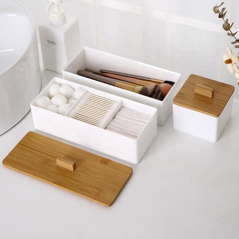 Elegant cosmetic case organizer powder brushes cotton swab canister white plastic makeup storage organizer with bamboo lid