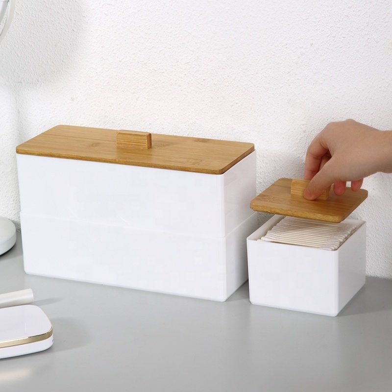 Elegant cosmetic case organizer powder brushes cotton swab canister white plastic makeup storage organizer with bamboo lid