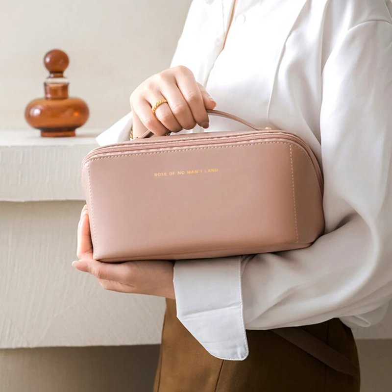 Multifunctional Storage Organ Pillow Makeup Bag Large Capacity Travel Cosmetic Bag Pu Leather Makeup Bag with Handle Divider