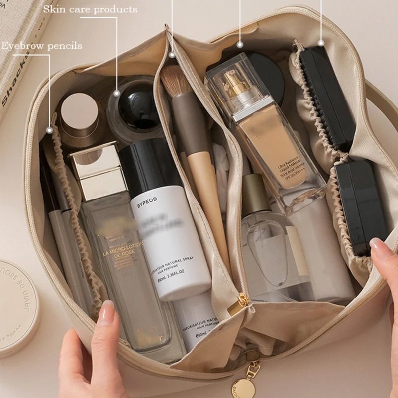 Multifunctional Storage Organ Pillow Makeup Bag Large Capacity Travel Cosmetic Bag Pu Leather Makeup Bag with Handle Divider