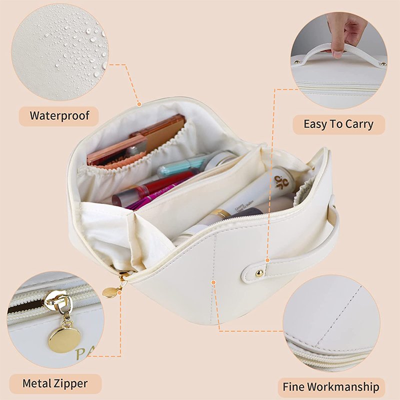 Multifunctional Storage Organ Pillow Makeup Bag Large Capacity Travel Cosmetic Bag Pu Leather Makeup Bag with Handle Divider