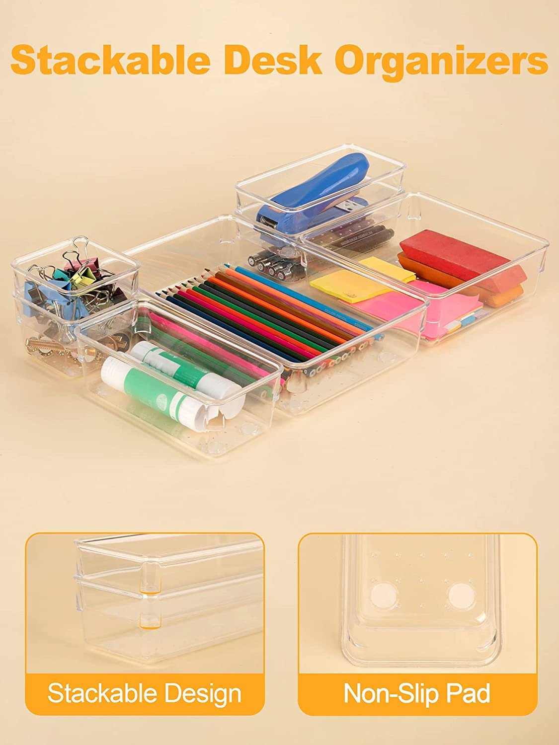 13-Piece Drawer Organizers with Non-Slip Silicone Pads, 5-Size Desk Drawer Organizer Trays Storage Tray for Makeup, Jewelries