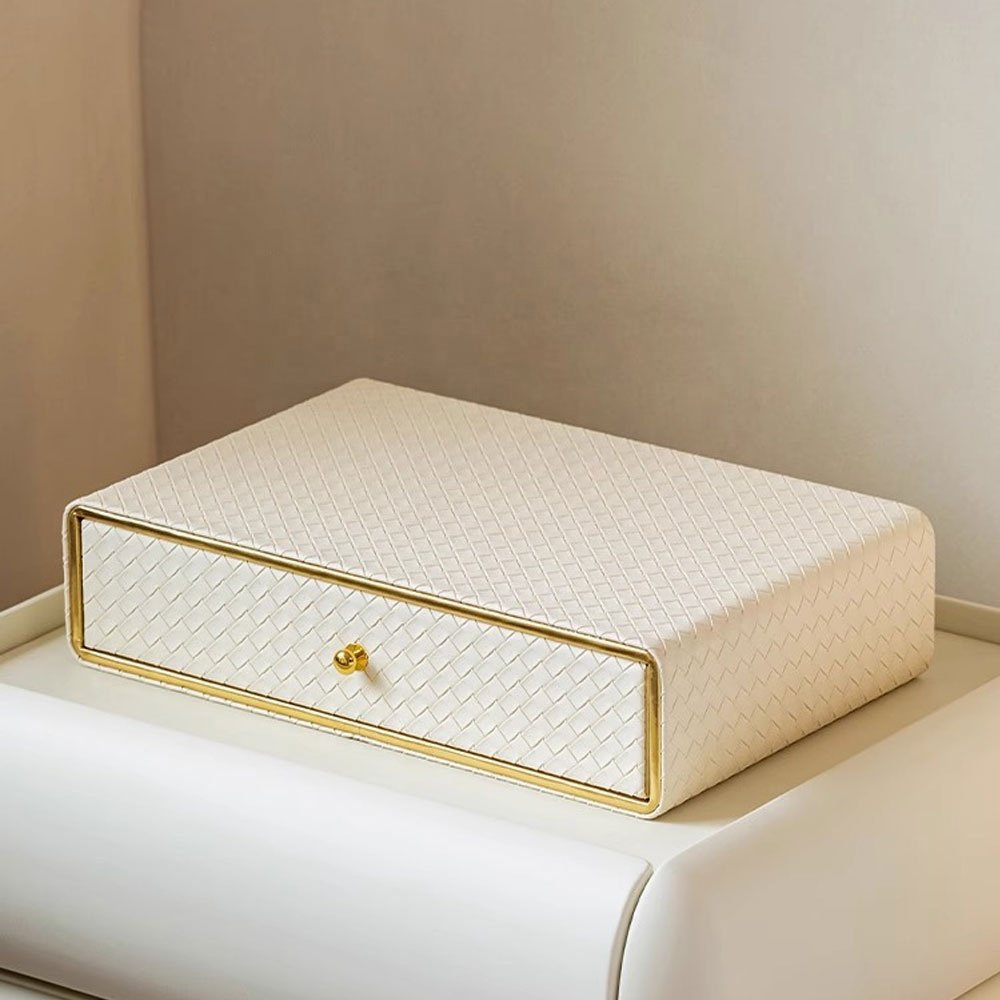 Luxurious Classic Style Leather Makeup Organiser Multifunction Divided Storage Cosmetic Storage Box Glossy Dressing Table
