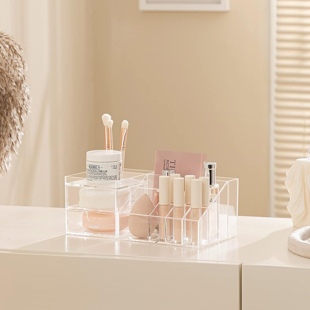 Acrylic Makeup Organizer with Square Storage Drawers and Pearl Jewelry Display Box Cosmetic Storage Solution