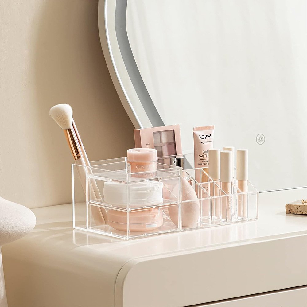 Acrylic Makeup Organizer with Square Storage Drawers and Pearl Jewelry Display Box Cosmetic Storage Solution