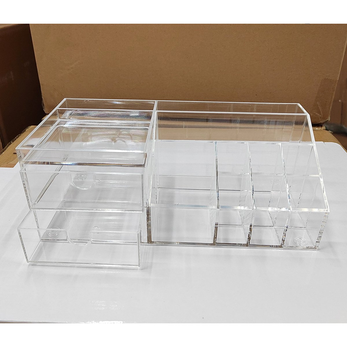 Acrylic Makeup Organizer with Square Storage Drawers and Pearl Jewelry Display Box Cosmetic Storage Solution