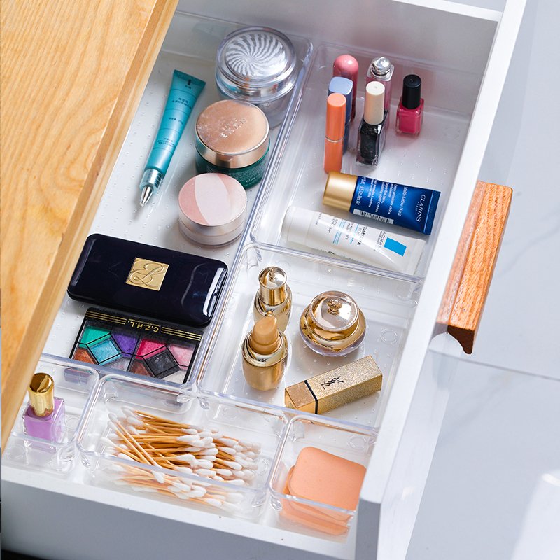 7 Sizes Plastic Vanity Clear Drawer Organizers Set, Desk Drawer Organizer Trays Storage Boxes & Bins Injection Multifunction PS