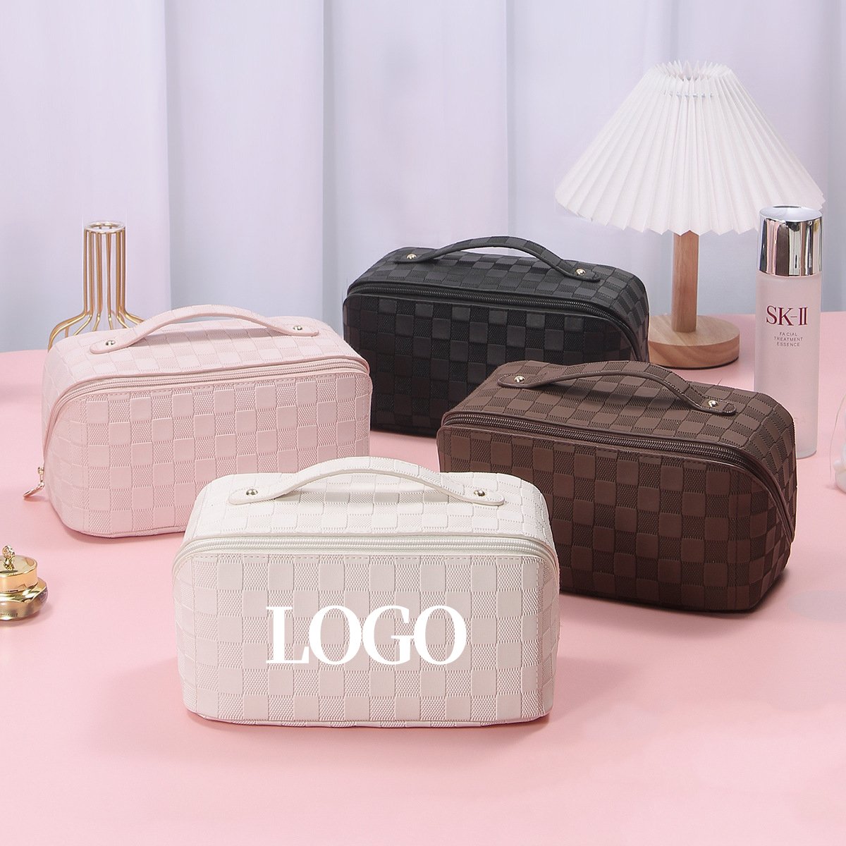 Luxury Vintage Checkered PU Leather Makeup Organizer Cosmetic Bags Toiletry Travel Portable Make up Pouch Bags