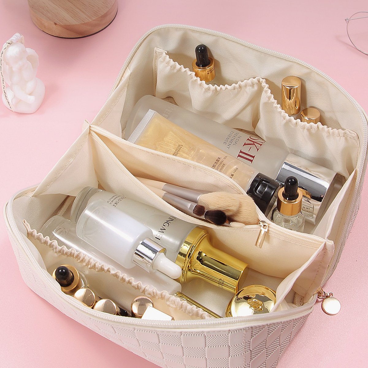 Luxury Vintage Checkered PU Leather Makeup Organizer Cosmetic Bags Toiletry Travel Portable Make up Pouch Bags