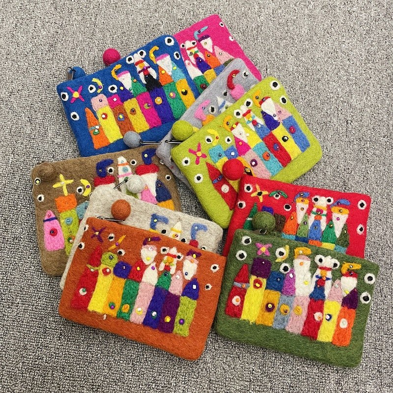 Bestella Handmade Wool Makeup Boho Bag Travel Floral Animal Fruits Rainbow Pouch Organizer Great Gift for Women Girls Mini purse