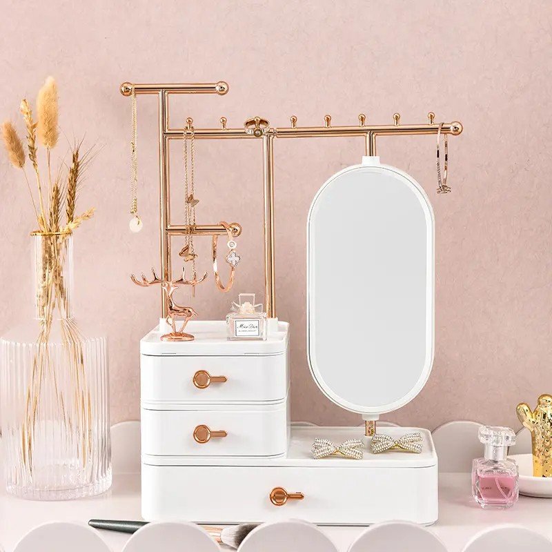 Luxury Jewelry Organizer Trinket Box Jewellery Shelf Rack Earring Holder Necklace Display Stand with Rotating Mirror Drawer