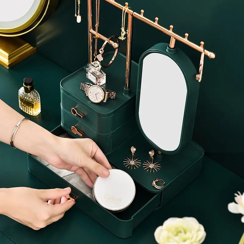 Luxury Jewelry Organizer Trinket Box Jewellery Shelf Rack Earring Holder Necklace Display Stand with Rotating Mirror Drawer