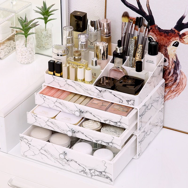 Beauty PS marble dresser countertop cosmetic storage box dust proof drawer plastic multi-layers makeup organizer