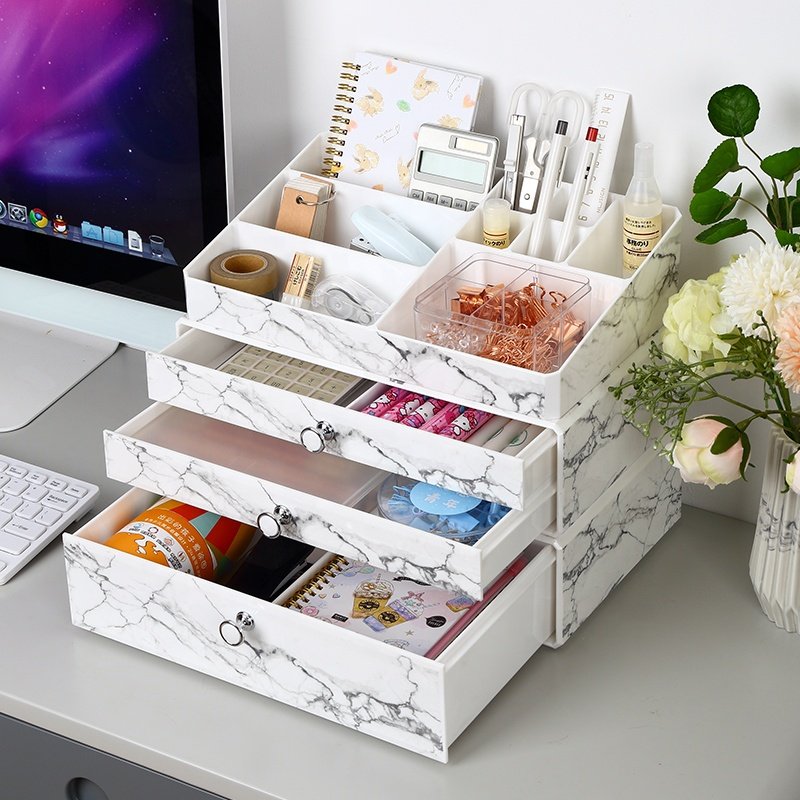 Beauty PS marble dresser countertop cosmetic storage box dust proof drawer plastic multi-layers makeup organizer