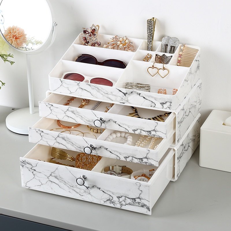 Beauty PS marble dresser countertop cosmetic storage box dust proof drawer plastic multi-layers makeup organizer