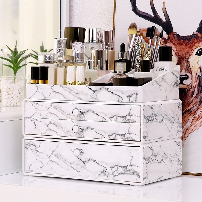 Beauty PS marble dresser countertop cosmetic storage box dust proof drawer plastic multi-layers makeup organizer