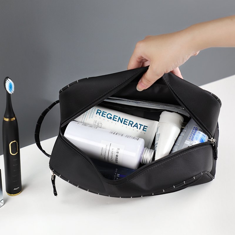 Popular style unique design durable black polyester large capacity toiletries storage travel men wash bag