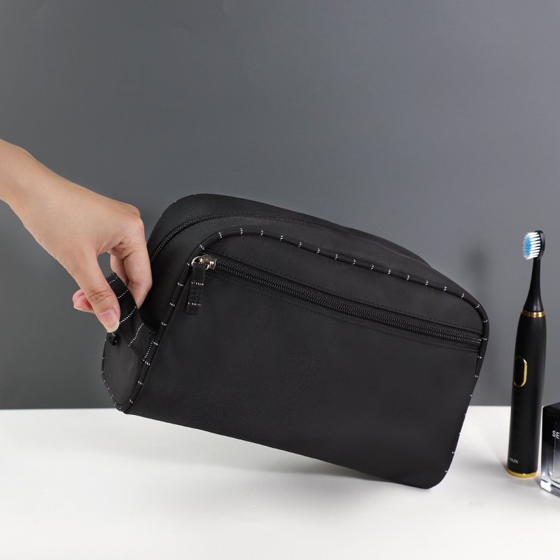 Popular style unique design durable black polyester large capacity toiletries storage travel men wash bag