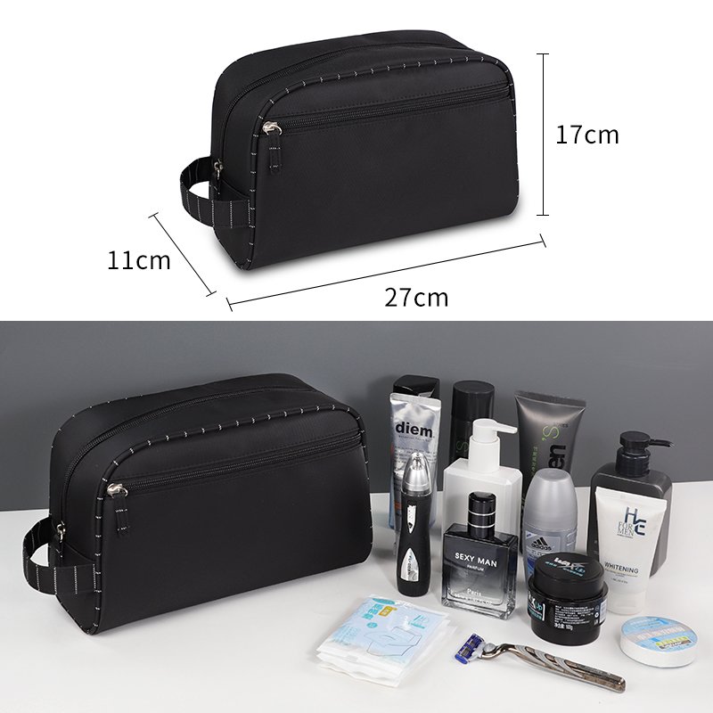 Popular style unique design durable black polyester large capacity toiletries storage travel men wash bag