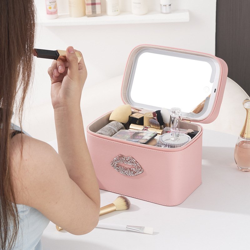 Portable Travel Makeup Bag with Led Lighted Mirror Large Capacity Cosmetic Organizer Storage Bag Black Pink Purple Blue for Girl
