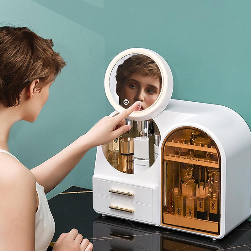 Luxury Makeup Organizer with LED Light Mirror Drawer Fan for Vanity Counter Dressing Table Skincare Cosmetic Storage Box