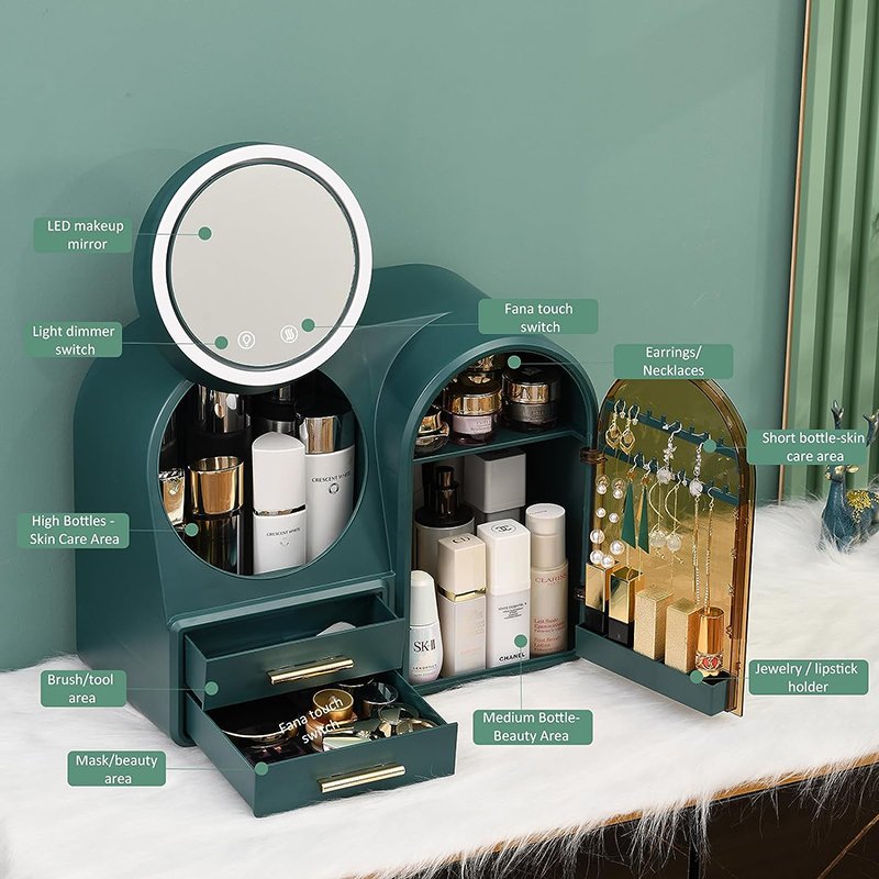 Luxury Makeup Organizer with LED Light Mirror Drawer Fan for Vanity Counter Dressing Table Skincare Cosmetic Storage Box