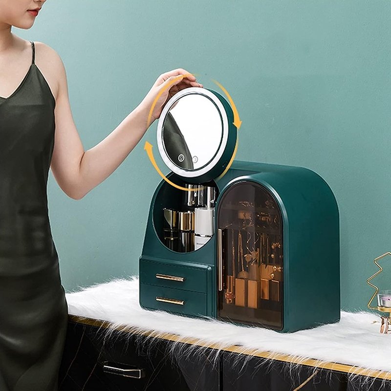 Luxury Makeup Organizer with LED Light Mirror Drawer Fan for Vanity Counter Dressing Table Skincare Cosmetic Storage Box