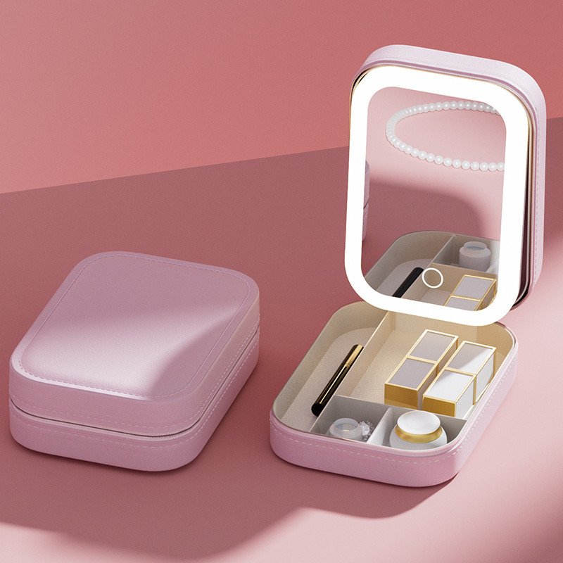 Custom Logo Cosmetic Pu Leather Mirror Vanity Mirror with Touch Sensor with jewelry box cosmetics storage box